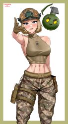 1girl abs absurdres armpits azov_battalion belt blonde_hair blue_eyes blush bob_cut breasts brown_gloves camouflage camouflage_helmet camouflage_pants collar combat_helmet crop_top digital_camouflage explosive eyelashes fingerless_gloves fumo_(doll) gloves grenade grenade_pin grin gun halterneck handgun helmet high_collar highres holster insignia jolibond large_breasts leg_holster lips looking_at_viewer marichka medium_breasts medium_hair meme midriff military military_uniform muscular muscular_female narrowed_eyes navel original pants patch pouch russo-ukrainian_war serratus_anterior short_hair sideboob sidelocks smile solo strap teeth thigh_holster toned ukraine ukrainian_ground_forces weapon woe_plague_be_upon_ye_(meme) yellow_eyes