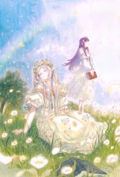 2girls 9484gu book breasts chinese_commentary closed_eyes closed_mouth collarbone commentary_request day dress dress_flower elf fern_(sousou_no_frieren) flower frieren grass green_dress hand_on_ground hand_on_own_thigh head_wreath highres holding holding_book long_dress long_hair long_sleeves multiple_girls on_grass open_book outdoors parted_bangs pointy_ears puffy_short_sleeves puffy_sleeves purple_hair rainbow sapling short_sleeves sitting smile sousou_no_frieren standing strapless strapless_dress teardrop traditional_media white_dress white_flower yokozuwari