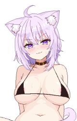 1girl animal_ear_fluff animal_ears areola_slip bare_shoulders bikini black_bikini blush breasts cat_ears cat_tail choker closed_mouth hololive large_breasts navel nekomata_okayu purple_eyes purple_hair swimsuit tagme tail zou_eita