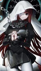 Rule 34 | 1girl, absurdres, black dress, black eyes, blunt ends, chain, chain necklace, character request, collar, dress, gawako, highres, hood, interlocked fingers, jewelry, juliet sleeves, long hair, long sleeves, necklace, original, own hands together, palms together, praying, puffy sleeves, red hair, solo, symbol-shaped pupils, thighhighs, white collar, white thighhighs