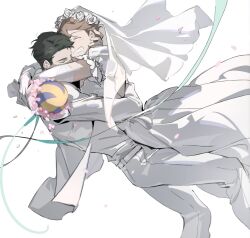2boys arms_around_neck ball belt black_hair bouquet bridal_veil bride brown_hair closed_eyes commentary crossdressing dress elbow_gloves english_commentary fandangyu feet_out_of_frame flower flower_wreath formal_clothes frilled_sleeves frills gloves grin groom haikyuu!! highres holding holding_bouquet jacket long_sleeves male_focus multiple_boys oikawa_tooru_(haikyuu!!) pants pink_flower puffy_short_sleeves puffy_sleeves ribbon shirt shirt_tucked_in short_sideburns short_sleeves smile suit suit_jacket teeth ushijima_wakatoshi veil volleyball wedding white_background white_belt white_dress white_flower white_gloves white_jacket white_pants white_shirt white_suit white_theme yaoi
