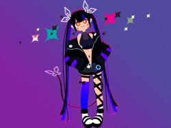 1girl alternate_eye_color black_boots black_hair black_jacket black_ribbon black_shirt blunt_bangs blush boots breasts c: closed_mouth commentary_request crop_top demon_girl demon_horns demon_tail full_body gradient_background head_tilt horns jacket kojo_anna kojo_anna_(1st_costume) leg_ribbon long_hair long_sleeves looking_at_viewer medium_breasts midriff multicolored_boots multicolored_hair nanashi_inc. navel off_shoulder open_clothes open_jacket orange_eyes pointy_ears purple_background purple_hair purple_thighhighs ribbon shibatoro shirt single_thighhigh sleeveless sleeveless_shirt smile solo sparkle sugar_lyric tail thigh_strap thighhighs twintails two-tone_hair virtual_youtuber white_boots zipper