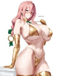 1girl alternate_costume bikini breasts cleavage commentary_request curvy elbow_gloves glasses gloves gold_bikini gold_gloves gold_thighhighs hair_between_eyes highres huge_breasts igiroitsu long_hair looking_at_viewer navel parted_lips pink_eyes pink_hair ring_hair_ornament smile solo swimsuit thick_thighs thighs tsukishiro_yanagi twitter_username white_background zenless_zone_zero