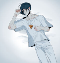 1boy absurdres blue_hair closed_eyes commentary_request facing_viewer feet_out_of_frame hand_on_own_stomach hand_up highres lying maelo male_focus meguriya_ayumu on_back pants shirt short_hair short_sleeves sleeping solo toshi_densetsu_kaitai_center triangle_necklace white_pants white_shirt