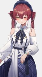 1girl absurdres alternate_costume aqua_nails beret blue_hat blue_journey_(hololive) blue_ribbon blue_skirt blush breasts closed_mouth commentary_request detached_sleeves fingernails grey_background hair_between_eyes hair_ribbon hat heterochromia highres hololive houshou_marine large_breasts medium_hair nail_polish red_eyes red_hair red_ribbon reulem ribbon simple_background skirt smile twintails virtual_youtuber white_sleeves yellow_eyes