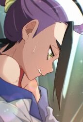 1boy black_hair clenched_teeth commentary_request from_side jacket kieran_(pokemon) kooda male_focus nintendo off_shoulder open_clothes open_jacket pokemon pokemon_sv profile purple_hair red_tank_top solo sweat tank_top tears teeth upper_body yellow_eyes