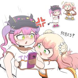 2girls :3 alternate_costume anger_vein baseball_cap bibi_(tokoyami_towa) black_choker black_hat blush bow bowtie choker clothes_writing commentary_request deformed demon_girl demon_tail double_bun ebihuraii3 fang flower green_eyes hair_bun hair_flower hair_ornament hairclip hat highres holding holding_phone hololive horned_hat hug_from_side jacket long_hair looking_at_another looking_at_phone momosuzu_nene momosuzu_nene_(1st_costume) multicolored_bow multicolored_bowtie multiple_girls multiple_views notice_lines open_mouth orange_shirt orange_skirt phone pink_shoes shirt shoes sidelocks skirt smile standing tail tokoyami_towa translation_request triangle_mouth two_side_up virtual_youtuber white_background white_jacket white_shirt yellow_shoes