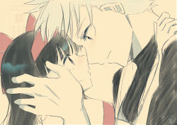 1boy 1girl absurdres ainu_clothes black_hair blonde_hair blush galford_d_weller gloves hair_ribbon hands_on_another&#039;s_face hands_on_another&#039;s_shoulders height_difference highres hug imminent_kiss japanese_clothes long_hair looking_at_another nakoruru ninja parted_lips purple_eyes ribbon samurai_spirits short_hair snk surprised