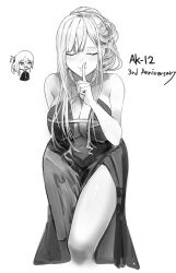 2girls ak-12_(girls&#039;_frontline) ak-12_(quiet_azure)_(girls&#039;_frontline) an-94_(girls&#039;_frontline) an-94_(silent_rouge)_(girls&#039;_frontline) anniversary aroused_nosebleed bad_id bad_pixiv_id bare_shoulders blush breasts character_name cleavage closed_eyes closed_mouth commentary dress evening_gown facing_viewer finger_to_mouth girls&#039;_frontline greyscale halter_dress halterneck highres index_finger_raised large_breasts leaning_forward long_hair monochrome multiple_girls navel nlitz official_alternate_costume ponytail shushing side_slit sidelocks simple_background smile solo_focus standing white_background