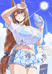 1boy 1girl :o animal_ears arm_up bikini bikini_under_clothes blue_bikini blue_eyes blue_pants blue_shorts blue_sky blush bottle bow braid braided_ponytail breasts brown_hair clothes_writing cloud commentary_request cowboy_shot day drinking ear_ornament ear_ribbon floral_print_shorts hair_between_eyes highres holding holding_bottle horse_ears horse_girl horse_tail hot large_breasts long_hair low-tied_long_hair maki_yoshitake midriff navel one_eye_closed open_mouth outdoors pants see-through_cleavage see-through_clothes see-through_shirt shirt short_shorts short_sleeves shorts sidelocks signature sky standing sun super_creek_(umamusume) sweat swimsuit t-head_trainer_(umamusume) tail tied_shirt trainer_(umamusume) translation_request umamusume very_long_hair water_bottle watermark wet wet_clothes wet_shirt white_shirt