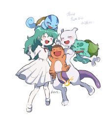 1girl ambertwo_(pokemon) ban_(ban62460424) blush bulbasaur charmander closed_eyes colored_skin commentary_request dress fire flame-tipped_tail gen_1_pokemon green_hair hands_up happy holding_hands knees legendary_pokemon long_sleeves mewtwo nintendo open_mouth pokemon pokemon:_the_first_movie_-_mewtwo_strikes_back pokemon_(anime) pokemon_(classic_anime) pokemon_(creature) shoes smile squirtle tail tongue translation_request white_background white_dress white_footwear white_skin