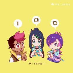 1girl 2girls black_hair black_shirt blue_hoodie bright_pupils brown_vest chiyo_(pika_natsu) closed_mouth dot_(pokemon) hair_bun hair_ornament hairclip headphones headphones_around_neck hood hood_down hoodie jacket liko_(pokemon) long_sleeves multicolored_hair multiple_girls nintendo open_clothes open_mouth open_vest pokemon pokemon_(anime) pokemon_horizons purple_eyes roy_(pokemon) shirt short_hair sidelocks simple_background sleeveless sleeveless_hoodie swept_bangs twitter_username two-tone_hair upper_body vest white_pupils white_shirt yellow_background