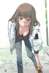 Rule 34 | 1girl, boots, breasts, brown eyes, buckle, buttons, collarbone, commentary request, covered erect nipples, downblouse, highres, holster, jacket, kikumaru bunta, kiruko (tengoku daimakyou), leaning forward, long hair, looking at viewer, medium breasts, military jacket, no bra, open clothes, open jacket, outdoors, pants, revision, shoelaces, smile, solo, tengoku daimakyou, united states air force, white jacket, zipper