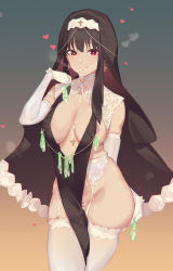 1girl bare_shoulders black_hair blush breasts caisan center_opening condom covered_erect_nipples cross cross_earrings cum cum_in_mouth cum_on_body cum_on_breasts cum_on_lower_body cum_on_upper_body earrings facial garter_belt garter_straps gloves gokkun groin heart heart-shaped_pupils jewelry large_breasts latin_cross looking_at_viewer multiple_condoms nipple_slip nipples no_bra no_panties nun pelvic_curtain red_eyes revealing_clothes sidelocks smile solo spy_x_family stray_pubic_hair symbol-shaped_pupils thighhighs used_condom veil white_gloves yor_briar