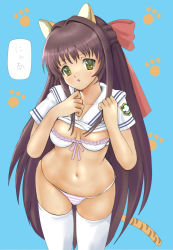 Rule 34 | 00s, 1girl, bra, breasts, clannad, female focus, genderswap, genderswap (mtf), highres, kouhei (sxmas), lingerie, medium breasts, panties, shima katsuki, solo, striped clothes, striped panties, thighhighs, underwear