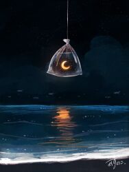 artist_name bag beach cloud commentary crescent_moon fish highres horizon kazunoko_(kazunoko_zunoco) moon night no_humans ocean original reflection reflective_water signature sky star_(sky) starry_sky string transparent transparent_bag water water_balloon