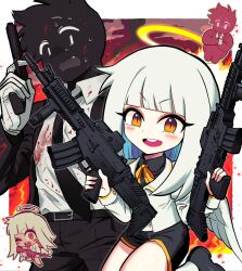 Rule 34 | 2girls, angel, angel wings, black shorts, black skin, black suit, blood, blood on clothes, blood on face, blue hair, colored inner hair, colored skin, commentary, english commentary, explosion, feathered wings, fire, formal clothes, gun, halo, highres, holding, holding gun, holding weapon, jacket, looking at viewer, low wings, multicolored hair, multiple girls, orange eyes, original, red background, satanmanse, shorts, slit pupils, suit, traditional halo, weapon, weapon request, white hair, white jacket, white wings, wings