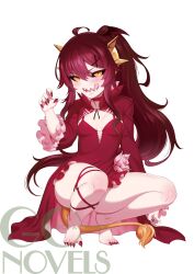 1girl absurdres ahoge bare_legs black_sclera blush breasts choker christina_(tanaka_the_wizard) colored_sclera curled_fingers dark_red_hair dragon_girl dress dress_flower fingernails flower frilled_dress frilled_sleeves frills hair_ornament hairclip highres leg_ribbon licking_lips lion_tail long_hair m-da_s-tarou nail_polish official_art ponytail red_dress ribbon ringed_eyes sharp_fingernails sharp_teeth sharp_toenails simple_background small_breasts solo squatting tail tanaka_the_wizard teeth toenail_polish toenails tongue tongue_out v-shaped_eyebrows white_background wide_sleeves yellow_eyes