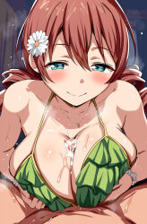 1boy 1girl bare_shoulders belko bikini blush bracelet breasts brown_hair censored closed_mouth clothed_female_nude_male collarbone cum cum_on_body cum_on_breasts cum_on_upper_body drill_hair emma_verde flower_bracelet frilled_bikini frills green_bikini green_eyes hetero highres jewelry large_breasts looking_at_viewer love_live! love_live!_nijigasaki_high_school_idol_club mosaic_censoring necklace nude paizuri penis pov shiny_skin smile solo_focus sweat swimsuit twin_drills
