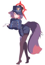 1girl absurdres alternate_costume alternate_hair_length alternate_hairstyle amebrew animal_ear_fluff animal_ears bent_over black_hair black_pantyhose blue_archive blue_hat blue_jacket blue_shorts blush colored_inner_hair cosplay fox_ears fox_girl fox_tail gloves grin hand_on_own_thigh hat highres jacket multicolored_hair no_shoes nozomi_(blue_archive) nozomi_(blue_archive)_(cosplay) pantyhose red_hair shorts smile solo tail two-tone_hair wakamo_(blue_archive) white_gloves