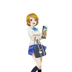 Rule 34 | 1girl, :d, alpaca, anime coloring, bag, bag charm, black socks, blue bow, blue bowtie, blue skirt, blush, book, bow, bowtie, brown hair, brown sweater vest, charm (object), diagonal-striped bow, diagonal-striped bowtie, diagonal-striped clothes, dress shirt, elbow carry, feet out of frame, hands up, holding, holding bag, holding book, kneehighs, koizumi hanayo, leg up, looking at viewer, love live!, love live! school idol festival, love live! school idol project, miniskirt, official art, open mouth, otonokizaka school uniform, plaid clothes, plaid skirt, pleated skirt, purple eyes, school bag, school uniform, shirt, short hair, short sleeves, skirt, smile, socks, solo, standing, standing on one leg, striped clothes, stuffed alpaca, summer uniform, sweater vest, teeth, three quarter view, transparent background, upper teeth only, white shirt