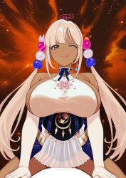 1girl ;q absurdres breasts commentary danimocles dark-skinned_female dark_skin elbow_gloves english_commentary gloves hair_ornament highres hololive hololive_english huge_breasts kaniko_(tsukumo_sana) large_breasts light_smile limiter_(tsukumo_sana) long_hair looking_at_viewer one_eye_closed orange_background paid_reward_available planet_hair_ornament sideboob solo tongue tongue_out tsukumo_sana tsukumo_sana_(1st_costume) twintails usaslug_(tsukumo_sana) very_long_hair virtual_youtuber yellow_eyes