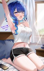 1girl absurdres arm_up armpits artist_name bed_sheet black_shorts blue_hair blush breasts camisole cellphone commentary_request commission commissioner_name curtains facial_mark first_stage_production highres hoshikage_tetra indoors large_breasts long_hair multicolored_hair navel on_bed one_eye_closed open_mouth phone pillow purple_eyes seiza shorts sitting skeb_commission smartphone solo star_(symbol) star_facial_mark thank_you tongue virtual_youtuber white_camisole window yam_(yamap_mako)