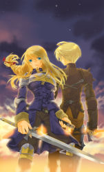 1boy 1girl agrias_oaks ahoge armor bad_id bad_pixiv_id belt blonde_hair blue_eyes braid final_fantasy final_fantasy_tactics knight long_hair ramza_beoulve sheath single_braid sky spikes sword tooka weapon
