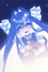 Rule 34 | 1girl, :d, black dress, blonde hair, bloom, blue background, blue eyes, blue hair, colored inner hair, dress, hair intakes, hair ornament, highres, hugging object, juliet sleeves, long hair, long sleeves, looking at viewer, milmil7, multicolored hair, open mouth, puffy sleeves, reverse:1999, school uniform, smile, solo, soviet school uniform, star (symbol), star hair ornament, upper body, very long hair, voyager (reverse:1999), voyager golden record