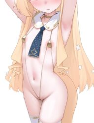 1girl areola_slip armpits blonde_hair blue_archive blue_necktie blush commentary covered_erect_nipples eyes_out_of_frame fox_girl fox_tail gold_choker gold_slingshot_swimsuit head_out_of_frame loli long_hair mannen_junyuuki navel necktie seia_(blue_archive) simple_background solo stomach tail thighhighs thighs very_long_hair white_background white_thighhighs