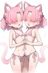 2girls :3 absurdres animal_ear_fluff animal_ears belly-to-belly bikini blue_archive blush cat_ears cat_girl cat_tail chlorella_observation_club_member_(blue_archive) chlorella_observation_club_member_(swimsuit)_(blue_archive) choker cowboy_shot faceless faceless_female flat_chest front-tie_bikini_top front-tie_top hair_bobbles hair_ornament highres holding_hands interlocked_fingers kuragesensei loli medium_hair multicolored_bikini multiple_girls navel open_mouth pink_bikini pink_choker side-tie_bikini_bottom simple_background smile standing stomach striped_bikini striped_clothes sweat swimsuit tail two-tone_bikini two_side_up white_background white_bikini