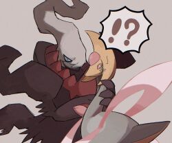 !? 2others ashita_mo blue_eyes blue_sclera bright_pupils colored_sclera cresselia darkrai floating_hair gen_4_pokemon grey_background hand_on_another&#039;s_neck highres legendary_pokemon long_hair looking_at_viewer multiple_others mythical_pokemon nintendo no_humans pink_sclera pokemon pokemon_(creature) pokemon_focus simple_background slit_pupils surprised white_hair white_pupils
