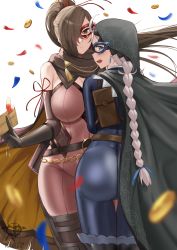 2girls absurdres ahoge artist_logo ass bag bare_shoulders belt black_cape blue_bodysuit blue_eyes blue_mask blue_ribbon bodysuit boots braid breasts brown_eyes brown_hair cape chain earrings envelope fire_emblem fire_emblem_heroes gold_chain hair_ribbon highres holding holding_envelope hood hood_up hooded_cape jewelry kagero_(fire_emblem) kagero_(thief)_(fire_emblem) kaos_art key keyring large_breasts leather_belt logo long_hair looking_at_viewer looking_back low_twintails multiple_girls nina_(fire_emblem) nina_(thief)_(fire_emblem) nintendo parted_bangs ponytail red_mask red_ribbon ribbon satchel skin_tight thigh_boots twin_braids twintails