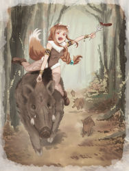 Rule 34 | 1girl, animal ears, armlet, boar, bracelet, braid, breasts, brown footwear, brown hair, brown thighhighs, chinese zodiac, fang, female focus, food, forest, fork, fur trim, highres, holo, jewelry, long hair, low-tied long hair, meat, nature, omichi (gutteli), open mouth, outdoors, red eyes, riding boar, sausage, scar, sidelocks, signature, single braid, smile, solo, spice and wolf, tail, thighhighs, wolf ears, wolf tail, year of the pig