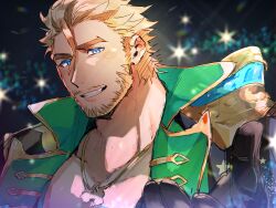 1boy absurdres adam&#039;s_apple bara black_gloves blonde_hair blue_eyes coat commentary_request facial_hair gloves green_coat grin hagiography highres jewelry live_a_hero looking_at_viewer male_focus mature_male mustache necklace roudin short_hair smile star_(symbol)