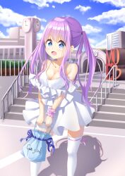 1girl :d absurdres bag blue_eyes blue_sky blush breasts clock cloud commentary_request dress frilled_wrist_cuffs frills heart highres holding holding_bag jewelry looking_at_viewer moe2020 necklace open_mouth original purple_hair purple_wrist_cuffs rissenka single_wrist_cuff sky smile solo thighhighs tongue twintails white_dress white_thighhighs wrist_cuffs