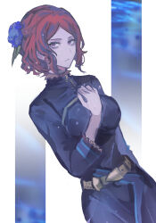 1girl :| bags_under_eyes belt closed_mouth cowboy_shot drag-on_dragoon drag-on_dragoon_2 dress expressionless flower hair_flower hair_ornament hanch hand_on_own_chest long_sleeves looking_at_viewer miichinori purple_eyes red_hair short_hair simple_background solo white_background