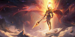 1boy abs armor armored_boots boots cape cloud commentary constellation dreamway dust english_commentary falling_rock fire floating floating_cape gloves glowing glowing_armor glowing_weapon helmet highres holding holding_polearm holding_weapon league_of_legends legends_of_runeterra light_particles liquid_clothes male_focus mountain muscular muscular_male pantheon_(league_of_legends) planet polearm red_cape rock shoulder_armor sky solo spear star_(sky) starry_sky sunlight warrior weapon