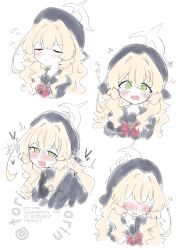 !? 1girl @_@ ^^^ beret black_hat black_jacket black_sailor_collar black_shirt blonde_hair blue_archive blush bow closed_eyes closed_mouth commentary_request cropped_torso faceless faceless_female green_eyes hair_between_eyes halo hat highres jacket kujou_karasuma long_hair multiple_views nose_blush open_mouth pout professor_niyaniya_(blue_archive) red_bow sailor_collar shirt sketch small_sweatdrop sweat translation_request twitter_username upper_body watermark wavy_mouth