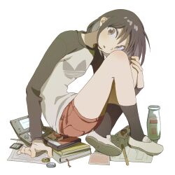 1girl :o adidas anime_coloring black_hair black_shirt black_socks blush book bottle breasts brown_eyes card coin crossed_legs full_body game_cartridge hair_between_eyes hand_on_own_knee handheld_game_console head_tilt highres holed_coin loafers long_sleeves looking_at_viewer medium_hair milk milk_bottle nintendo_ds nintendo_ds_lite nzsssm original paper parted_lips playing_card popsicle_stick raglan_sleeves red_shorts shirt shoes shorts sidelocks sitting small_breasts socks solo stylus takenoko_no_sato two-tone_shirt white_background white_shirt white_shoes yen