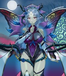 1girl breasts butterfly_wings commission crown_of_thorns facial_mark fairy fairy_wings fire_emblem fire_emblem_heroes full_moon hair_vines highres insect_wings ko-fi_commission large_breasts leotard moon nintendo novasvr plant plant_hair plumeria_(fire_emblem) plumeria_(rapturous_dream)_(fire_emblem) pointy_ears red_eyes thorns vines wings