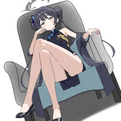 1girl absurdres black_hair black_panties black_shoes blue_archive bun_with_braided_base butterfly_hair_ornament cameltoe chair china_dress chinese_clothes crossed_legs double_bun dragon_print dress grey_eyes grey_halo hair_bun hair_ornament halo hand_on_own_face high_heels highres jacket kisaki_(blue_archive) loli open_clothes open_jacket panties pantyshot pinstripe_jacket pinstripe_pattern shoes sitting sleeveless solo underwear user_fgxy7742