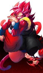2boys body_fur dragon_ball dragon_ball_heroes earrings fusion fusion_dance gogeta gogeta_(xeno) jewelry metamoran_vest monkey_boy monkey_tail multiple_boys muscular muscular_male no_nipples ommmyoh potara_earrings red_fur red_hair saiyan super_full_power_saiyan_4_limit_breaker super_saiyan super_saiyan_4 tail time_patrol_(dragon_ball) vegetto vegetto_(xeno)