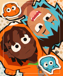 :o absurdres cat_boy chromatic_aberration darwin_watterson fish_boy gumball_watterson highres hood hoodie humanization multiple_boys orange_hoodie paulok3tchup smile step-siblings sticker the_amazing_world_of_gumball toon_(style)