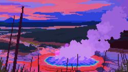 artist_logo bare_tree bush cloud colorful foliage geyser grass highres logo mountainous_horizon no_humans original outdoors pixel_art scenery sky steam stick sunset theartistjulian tree water yellowstone_national_park