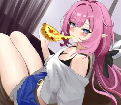 Rule 34 | 1girl, absurdres, alternate costume, black bra, blue eyes, blush, bra, breasts, commentary, denim, denim shorts, eating, elf, elysia (honkai impact), food, highres, holding, holding food, holding pizza, honkai (series), honkai impact 3rd, indoors, large breasts, long hair, looking at viewer, pink hair, pizza, pizza slice, pointy ears, shirt, shorts, sitting, solo, symbol-only commentary, thighs, underwear, white shirt, yue kanade
