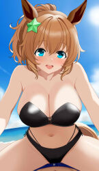 1boy 1girl animal_ears bakumondo10 beach bikini blue_eyes blue_sky breasts brown_hair cleavage cloud day hair_ornament horizon horse_ears horse_tail large_breasts long_hair ocean outdoors ponytail pov sky star_(symbol) star_hair_ornament straddling strapless strapless_bikini swimsuit taiki_shuttle_(umamusume) tail umamusume wavy_hair