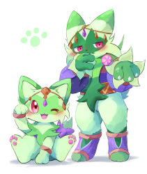 Rule 34 | absurdres, claws, closed mouth, floragato, highres, illustrattyako, nintendo, pawpads, pink eyes, pokemon, pokemon (creature), sitting, smile, sprigatito, standing, wavy mouth, white background