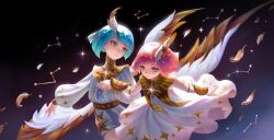 1boy 1girl afk_(series) afk_journey artist_logo backlighting blue_hair blunt_bangs blunt_ends bob_cut brother_and_sister brown_eyes closed_mouth compass_rose constellation cowboy_shot dress elijah_(afk) expressionless eyelashes falling_feathers feathered_wings feathers flying four-pointed_star gold_bracer gold_trim gorget gradient_clothes gradient_dress head_wings holding_hands lailah_(afk) logo long_sleeves looking_ahead looking_at_another night night_sky octagram outdoors pink_dress pink_hair puffy_sleeves shirt short_hair short_shorts shorts siblings single_head_wing sky sleeveless sleeveless_dress star_(sky) star_(symbol) star_print starry_sky stole striped_clothes striped_shirt striped_shorts twins vertical-striped_clothes vertical-striped_shirt vertical-striped_shorts white_dress white_shirt white_shorts wings yuelycia