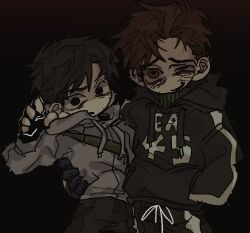 2boys absurdres afraid_of_monsters bag bags_under_eyes black_background black_gloves black_hair black_hoodie bloodshot_eyes brown_hair chibi chibi_only confused cowboy_shot cry_of_fear david_leatherhoff fingerless_gloves forced_smile gloves half-closed_eye hand_in_pocket hand_on_another&#039;s_back highres holding_another&#039;s_waist hood hoodie ju-san looking_at_viewer male_focus messy_hair multiple_boys outstretched_arm print_hoodie red_eyes short_hair shoulder_bag simon_henriksson turtleneck